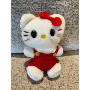 Hello Kitty Plush Toy Red Overalls Bow White Stuffed Animal Collectible